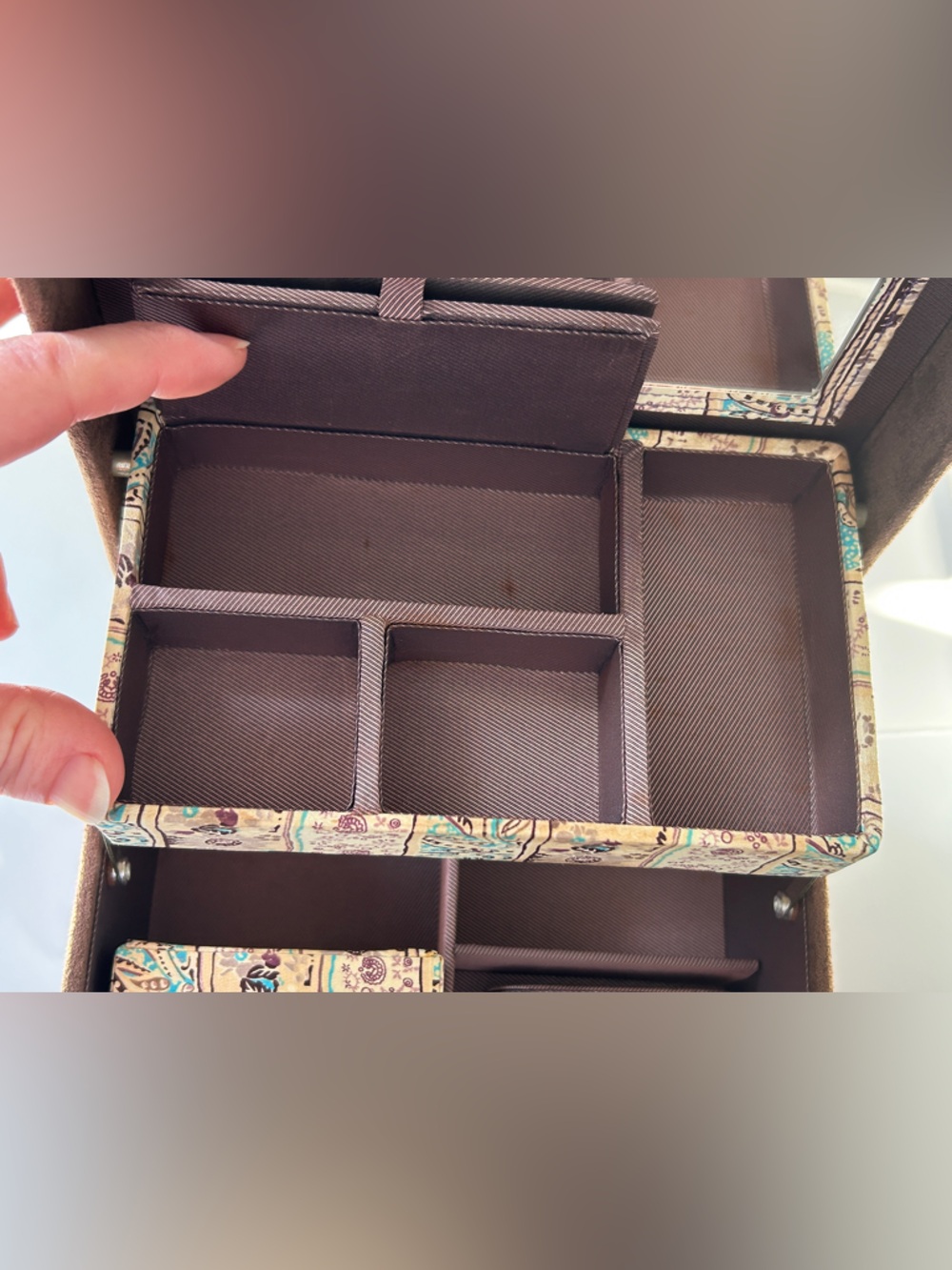 WOLF Designs Jewelry Box Travel Case | Brown Faux Suede | Paisley | Multi Tier - Picture 6 of 11
